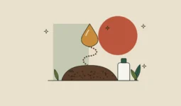 Ilustración de una gota de aceite ámbar sobre un montículo de posos de café.