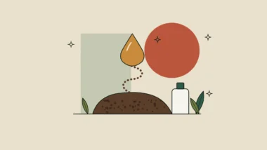 Ilustración de una gota de aceite ámbar sobre un montículo de posos de café.