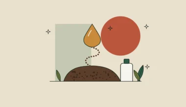 Ilustración de una gota de aceite ámbar sobre un montículo de posos de café.