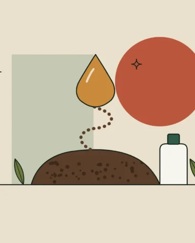 Ilustración de una gota de aceite ámbar sobre un montículo de posos de café.