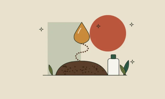 Ilustración de una gota de aceite ámbar sobre un montículo de posos de café.