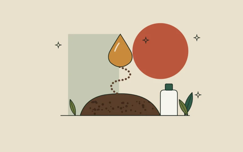 Ilustración de una gota de aceite ámbar sobre un montículo de posos de café.