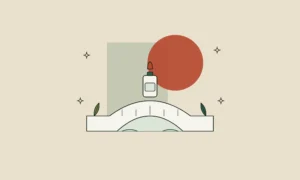 Ilustración de un frasco cuentagotas sobre un puente de piedra que une dos orillas