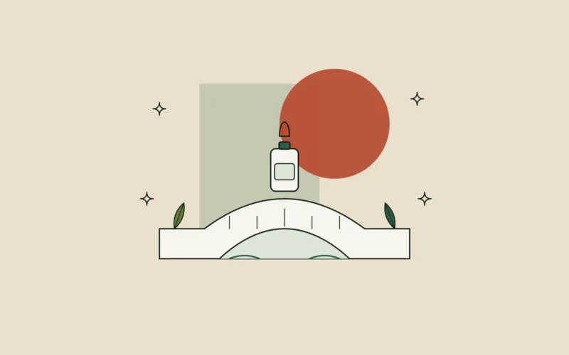 Ilustración de un frasco cuentagotas sobre un puente de piedra que une dos orillas