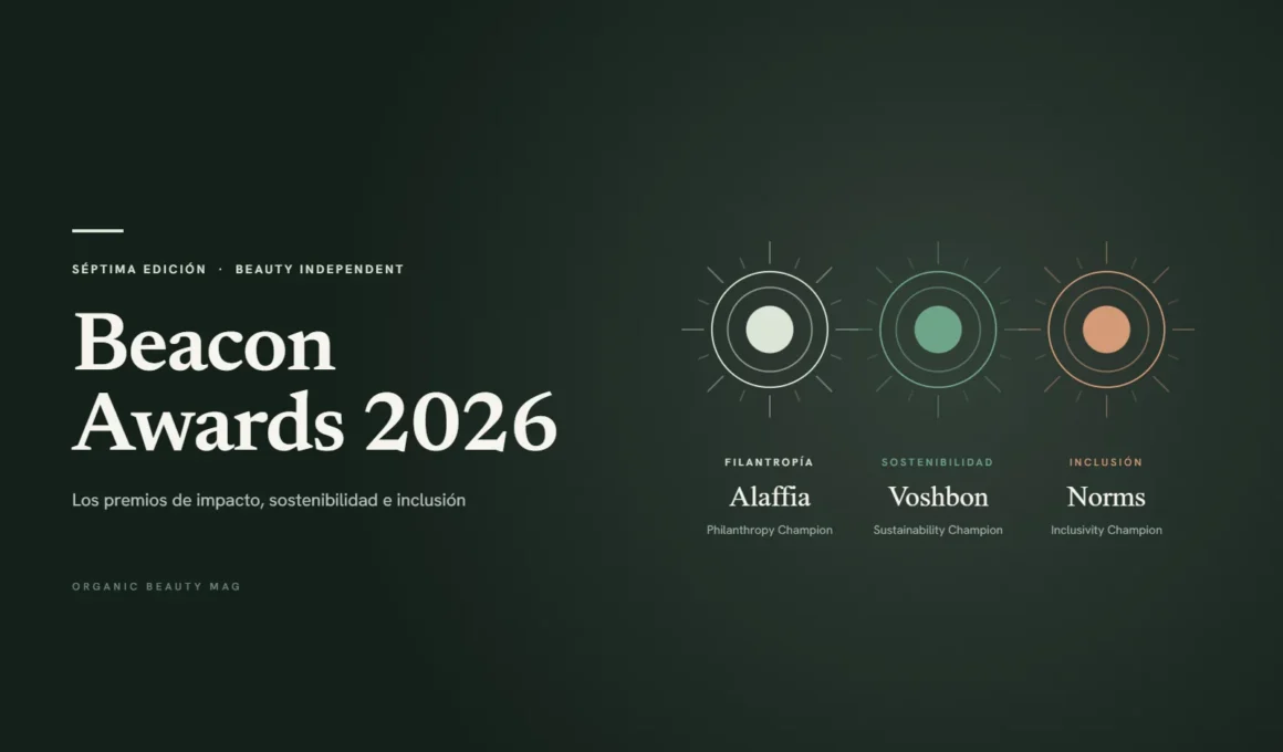 Ilustración con el título Beacon Awards 2026 y tres faros que representan los premios de filantropía (Alaffia), sostenibilidad (Voshbon) e inclusión (Norms)