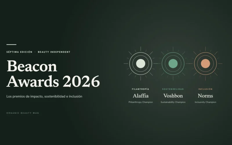 Ilustración con el título Beacon Awards 2026 y tres faros que representan los premios de filantropía (Alaffia), sostenibilidad (Voshbon) e inclusión (Norms)