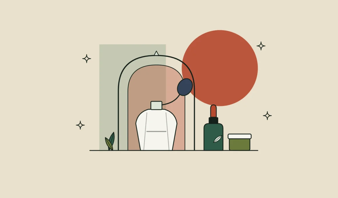 Ilustración de un perfumero con pera bajo un arco colonial, junto a un cuentagotas y un tarro, sobre fondo arena