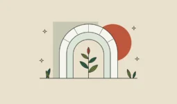 Ilustración de un arco parisino de piedra con un brote y hojas, evocando el tema «Regeneraciones» de Cosmetic 360.