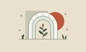 Ilustración de un arco parisino de piedra con un brote y hojas, evocando el tema «Regeneraciones» de Cosmetic 360.