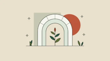 Ilustración de un arco parisino de piedra con un brote y hojas, evocando el tema «Regeneraciones» de Cosmetic 360.