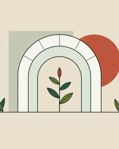 Ilustración de un arco parisino de piedra con un brote y hojas, evocando el tema «Regeneraciones» de Cosmetic 360.