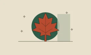 Ilustración de una hoja de arce estilizada sobre un círculo verde, como símbolo de Canadá y de un premio para marcas independientes.