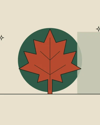 Ilustración de una hoja de arce estilizada sobre un círculo verde, como símbolo de Canadá y de un premio para marcas independientes.