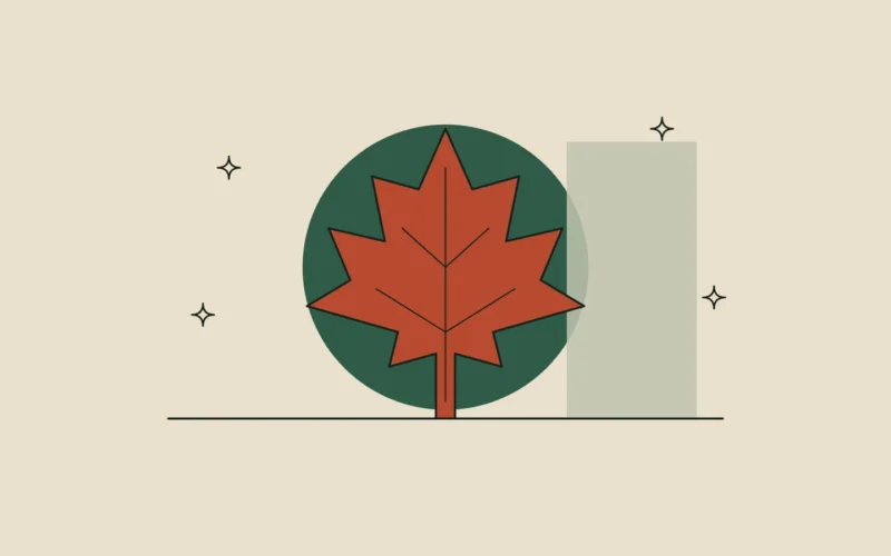 Ilustración de una hoja de arce estilizada sobre un círculo verde, como símbolo de Canadá y de un premio para marcas independientes.