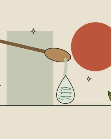 Ilustración de una gota espesa con fibras de celulosa que cae de una cuchara de madera