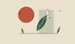 Ilustración de una hoja con una gota de sérum y una hélice de tres hebras sobre fondo arena
