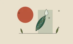 Ilustración de una hoja con una gota de sérum y una hélice de tres hebras sobre fondo arena