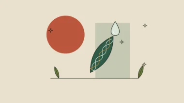 Ilustración de una hoja con una gota de sérum y una hélice de tres hebras sobre fondo arena