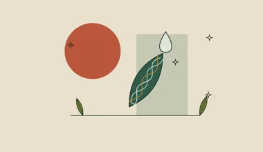 Ilustración de una hoja con una gota de sérum y una hélice de tres hebras sobre fondo arena