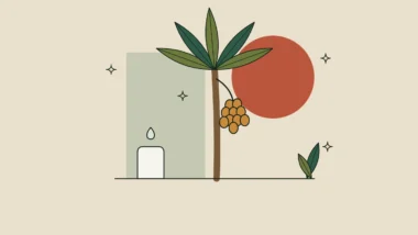 Ilustración de una palmera con un racimo de frutos de licuri sobre fondo arena.