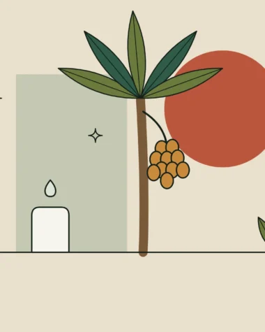 Ilustración de una palmera con un racimo de frutos de licuri sobre fondo arena.