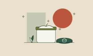 Ilustración de un tarro de crema abierto con su tapa al lado sobre fondo arena.
