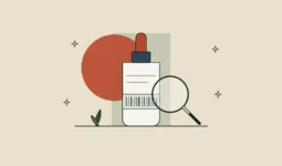 Ilustración de un frasco cuentagotas con una lupa sobre su código de lote, sobre fondo arena