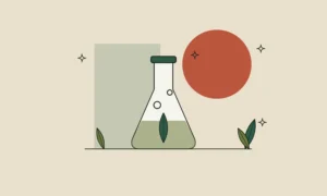 Ilustración de un matraz de laboratorio con una hoja y dos burbujas, sobre fondo arena.