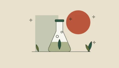 Ilustración de un matraz de laboratorio con una hoja y dos burbujas, sobre fondo arena.