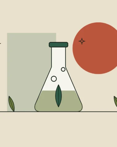Ilustración de un matraz de laboratorio con una hoja y dos burbujas, sobre fondo arena.