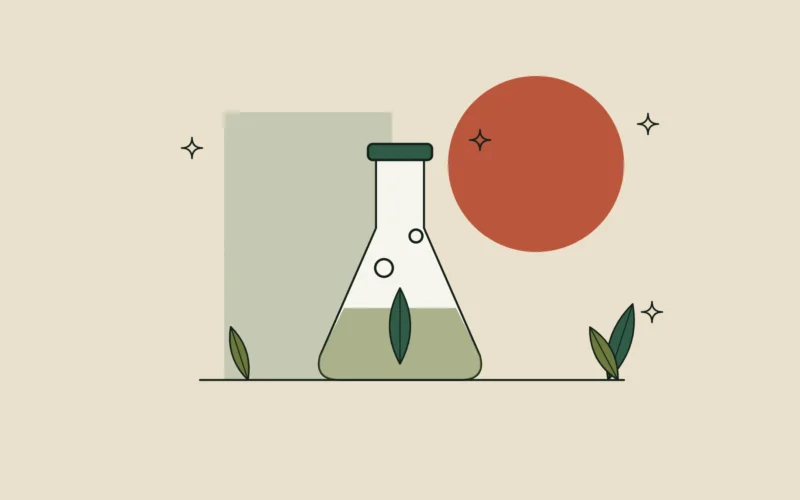 Ilustración de un matraz de laboratorio con una hoja y dos burbujas, sobre fondo arena.