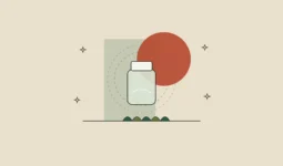 Ilustración de un frasco de gel-crema rodeado de un halo de luz, con escamas estilizadas en la base