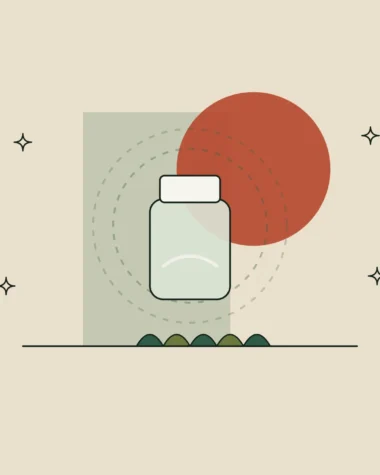 Ilustración de un frasco de gel-crema rodeado de un halo de luz, con escamas estilizadas en la base