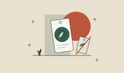Ilustración de una etiqueta con un sello de hoja junto a otra etiqueta tachada, sobre fondo arena