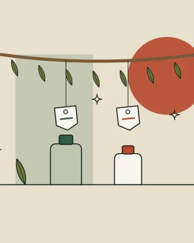 Ilustración de dos frascos de cosmética con etiquetas colgadas de una rama