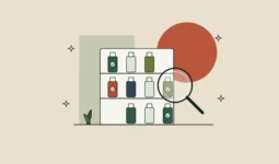 Ilustración de una estantería con frascos de ingredientes, algunos con sello de verificación, y una lupa, sobre fondo arena