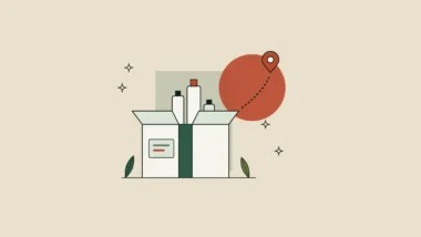 Ilustración de una caja de envío abierta con frascos de cosmética y una ruta punteada hacia un pin de ubicación