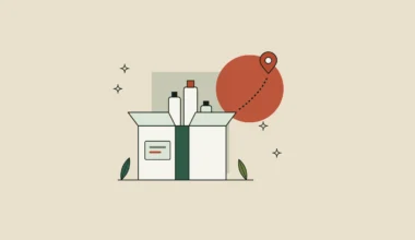 Ilustración de una caja de envío abierta con frascos de cosmética y una ruta punteada hacia un pin de ubicación