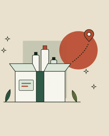Ilustración de una caja de envío abierta con frascos de cosmética y una ruta punteada hacia un pin de ubicación