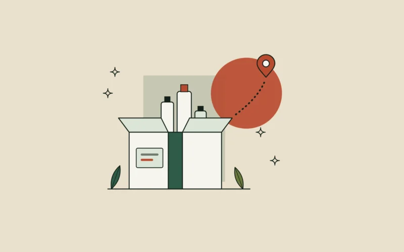 Ilustración de una caja de envío abierta con frascos de cosmética y una ruta punteada hacia un pin de ubicación