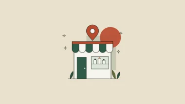 Ilustración de una tienda con toldo a rayas verdes y blancas, un escaparate con frascos y un pin de ubicación sobre la fachada