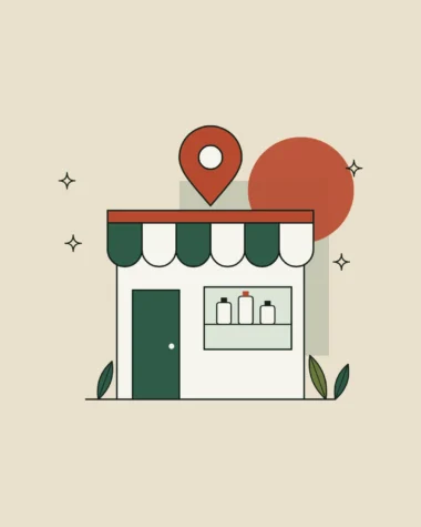 Ilustración de una tienda con toldo a rayas verdes y blancas, un escaparate con frascos y un pin de ubicación sobre la fachada