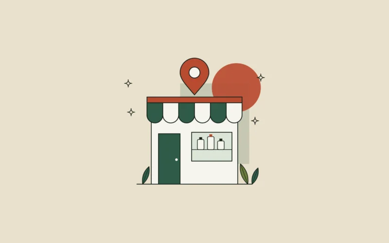 Ilustración de una tienda con toldo a rayas verdes y blancas, un escaparate con frascos y un pin de ubicación sobre la fachada