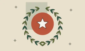 Corona de laurel con una estrella sobre un círculo terracota