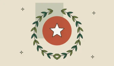 Corona de laurel con una estrella sobre un círculo terracota