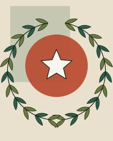 Corona de laurel con una estrella sobre un círculo terracota