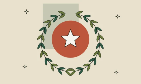 Corona de laurel con una estrella sobre un círculo terracota