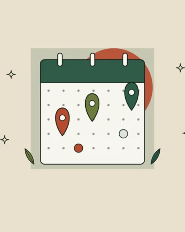 Hoja de calendario con tres marcadores de ubicación sobre distintas fechas.