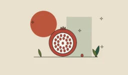 Ilustración de una granada abierta con una semilla separada del resto, sobre fondo arena.