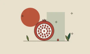 Ilustración de una granada abierta con una semilla separada del resto, sobre fondo arena.